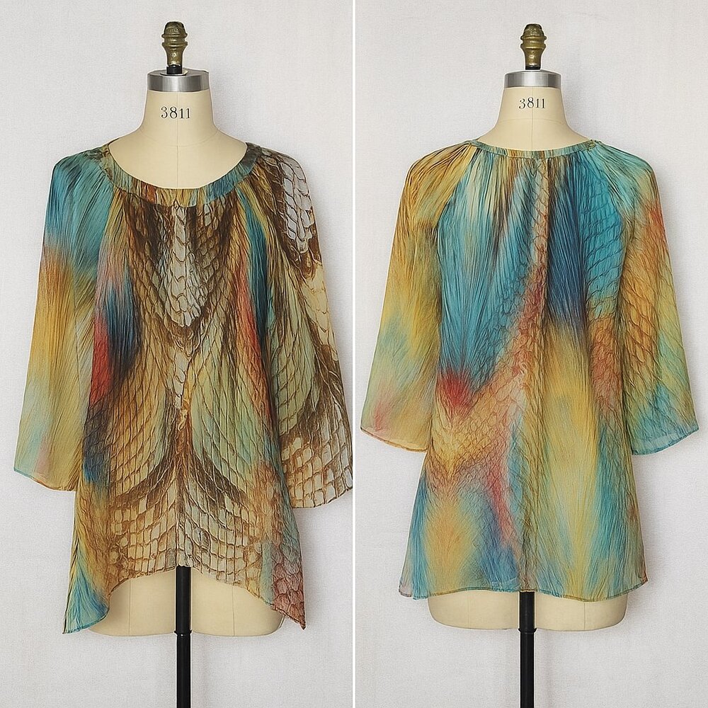 Bellissima flowing reptile feathery print Sheer Blouse medium